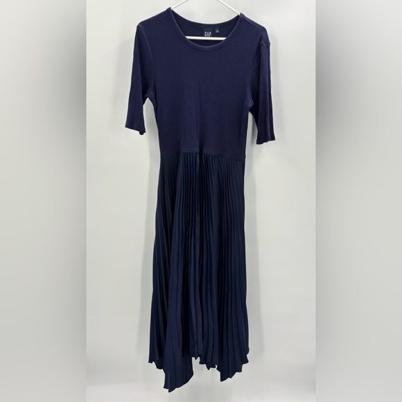 Gap Elegant Navy Blue Satin Pleated Midi Dress size Large TALL - Picture 3 of 8